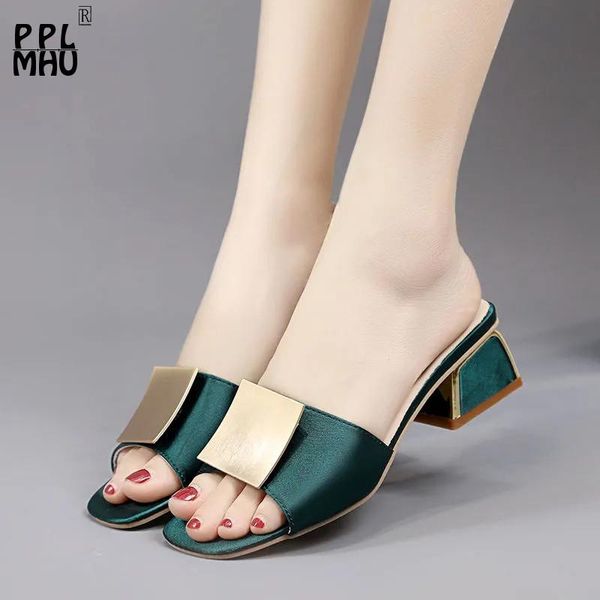 

slippers green buckle non-slip women shoes elegant low-heel peep toe slides korean style square head light shallow designer, Black