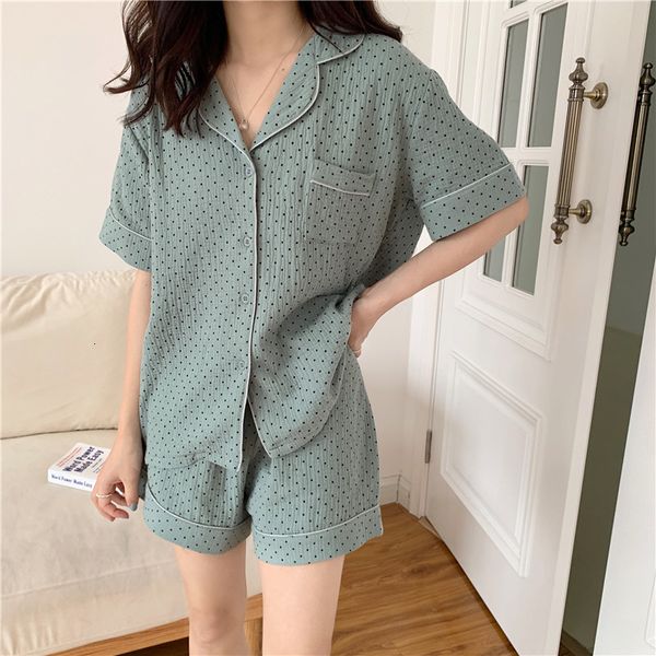 

casual dresses girls loose thin short sleeves sets polka dots cotton 2021 sleepwear femme home chic summer pajamas two piece suits 9as7, Black;gray