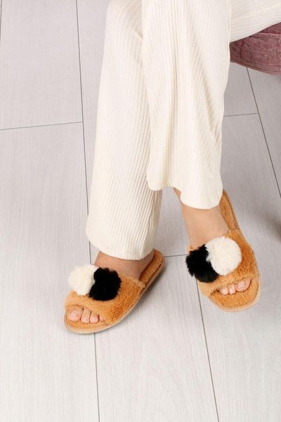 

small pompon women home slipper tan slippers, Black