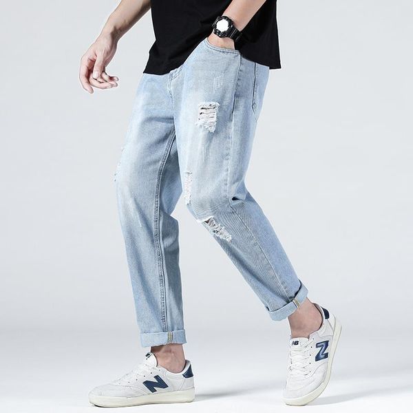 

men's jeans summer light color hole nine point men's thin loose straight tube casual korean fashion versatile pants, Blue
