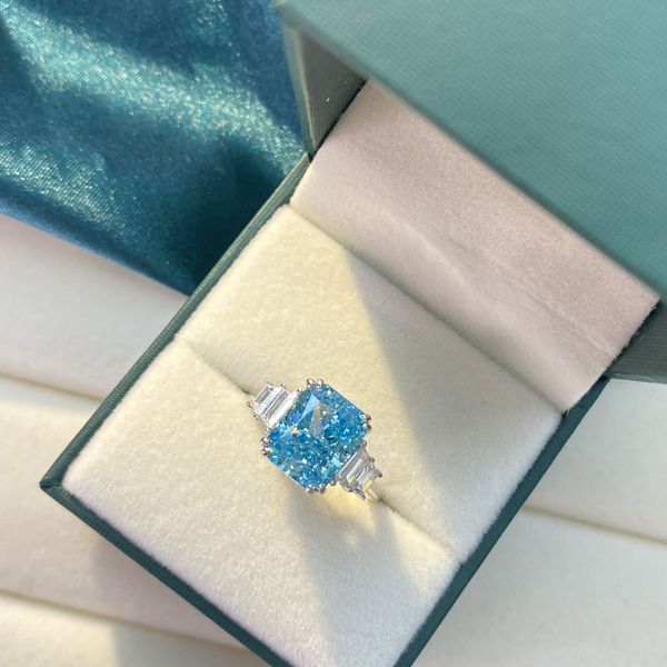 

blue cubic zirconia wedding rings emerald cut art deco semiprecious ring anniversary gift, Slivery;golden