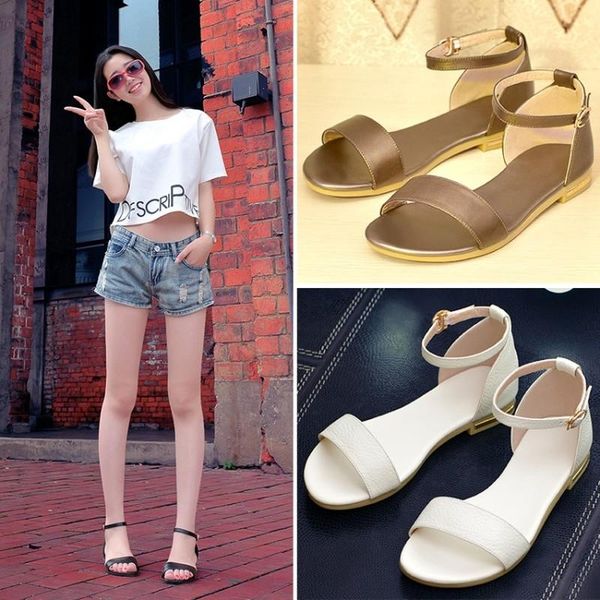 

sandals 2021 summer shoes women flat with roman open toe casual thin strips gladiator beach one word buckle ladies, Black