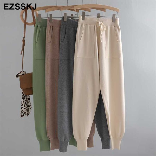 

women elastic waist drawstring trousers thick knitted harem pants autumn winter sport swear women's bottoms 211007, Black;white