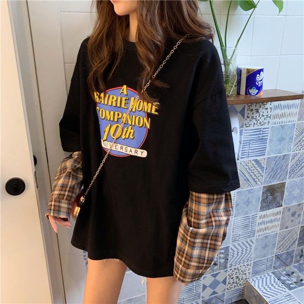 

women's hoodies & sweatshirts fake two long-sleeved female korean ins harajuku vintage bf letter printing loose fashion sweatshirt, Black