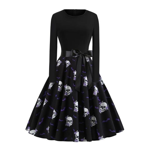 

casual dresses nice fall gothic halloween office lady women pullover skull zipper print female fashion elegant black dress, Black;gray