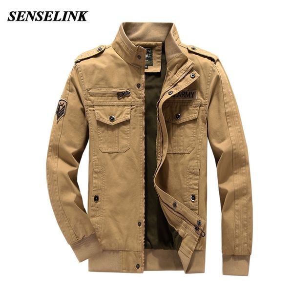 Homens Algodão Khaki Bomber Jaqueta Outono Casual Casual Casual Cara Carga À Prova de Pele De Peles Único Army Tactical 211217