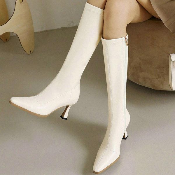 

boots 2021 women knee high fashion thin heel square toe ladies calf pu leather side zipper dress women's beige, Black