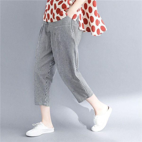 

women's pants & capris mferlier summer woman casual elastic waist artsy stripe pattern patchwork all match cotton women calf length har, Black;white