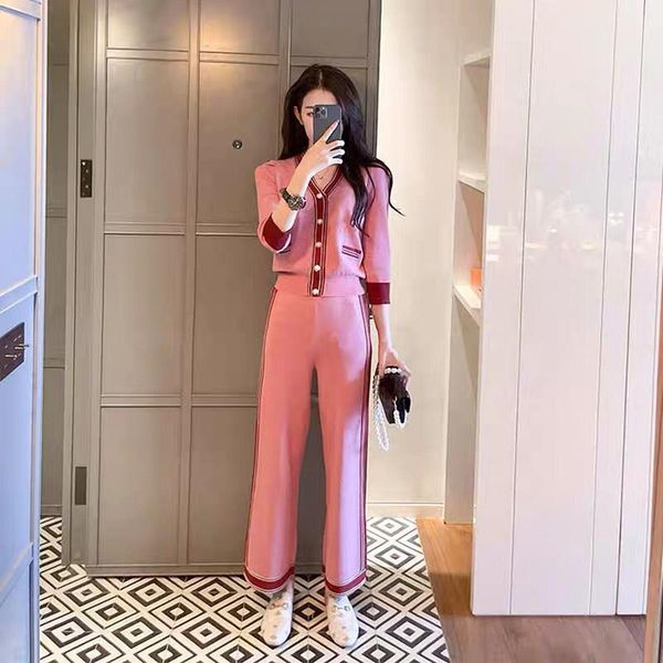 

women's two piece pants 2021 autumn temperament v-neck loose bright silk knitted cardigan + high waist slim straight leg wide suit wome, White