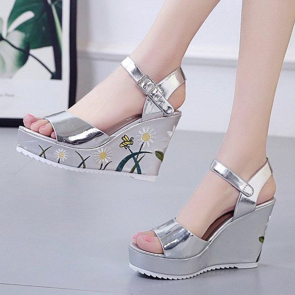 

woman high heels 10cm wedges print floral sandals elegant pu leather platform open toe slingback sandalis heightening shoes, Black