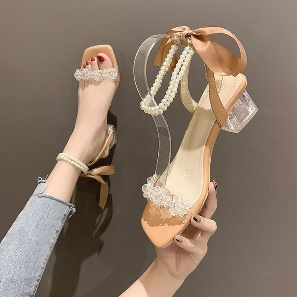 

sandals elegant pearl summer fairy style fashion square toe lace string bead party wedding high heels mid heel rome shoes, Black