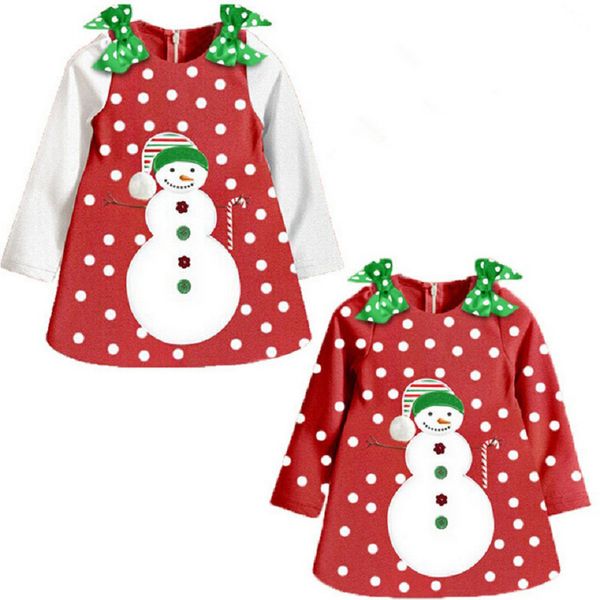 Rote Polka Dot Baby Mädchen Kleid Fleece Winter Weihnachten Mädchen Bluse Kinder Weihnachten Kleidung Bowties Schneemann Kind Kleider Outfits 210413