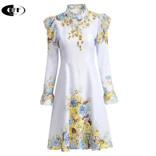 

autumn floral printed midi dress blue elegant full sleeve ruffles women's high waist party night lady dresses vestidos female casual, Black;gray