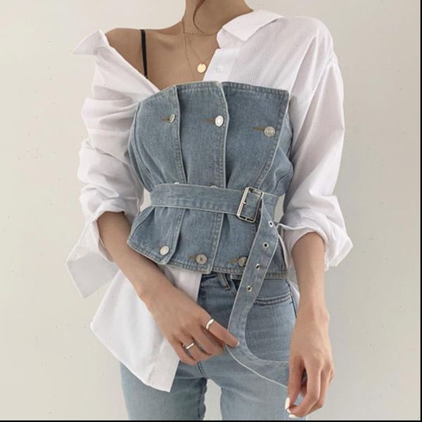 

[ewq] autumn personality lapel women tracksuits striped shirt waistband breast wiped jean vest suit 2 piece set qk88605s, Gray