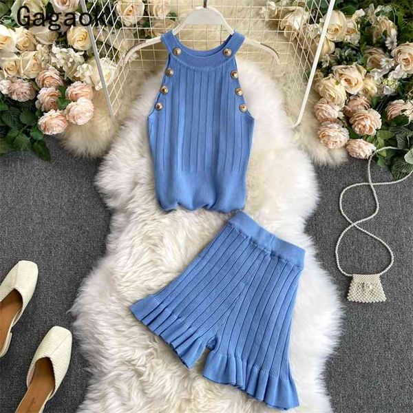 

women sleeveless high street knitted two piece set spring autumn solid button o-neck pullover + wild short 210531, White