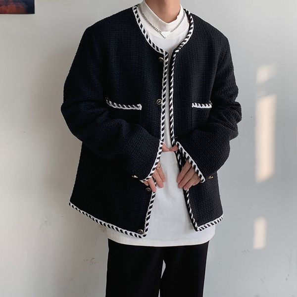 

light luxury woven tweed casual suit coat 2021 new men's handsome loose round neck single breasted short jacket black