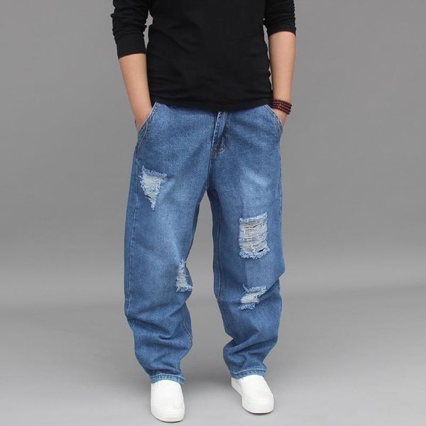 

men's jeans streetwear hip hop for men loose harem pants with holes and low crotch fall fashion little feet, Blue