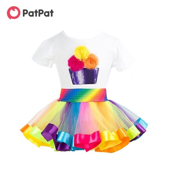 Sommer 2-teiliges 3D-Blumendekor-Geburtstags-T-Shirt und Regenbogen-Tutu-Rock für Mädchen, Kinder, Mädchen-Sets, Anzüge 210528