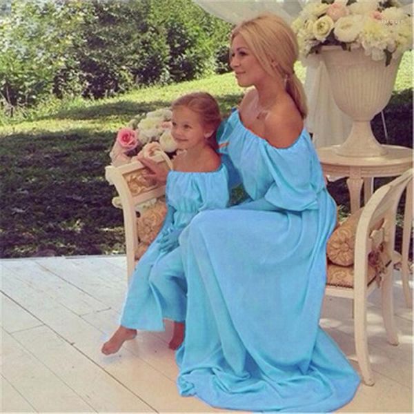 

family matching clothes mom mother daughter madre figlia beach long dress strapless look, Blue