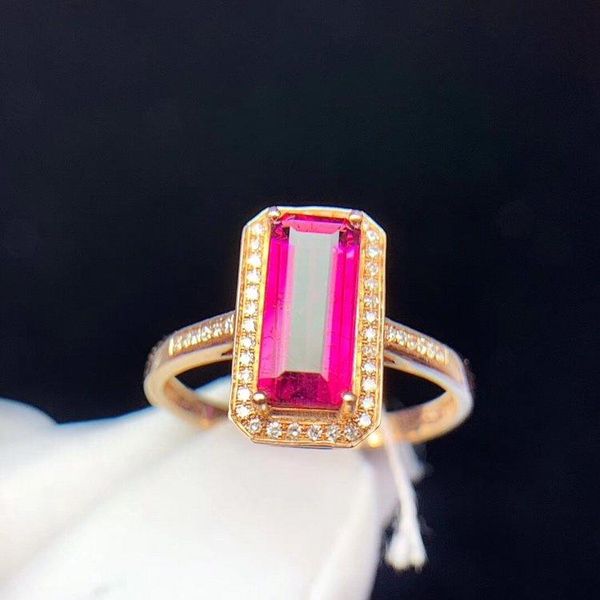 

rubillite ring fine jewelry 18 k gold natural rubi tourmaline 2.6ct gemstone diamond gift female rings for women cluster, Golden;silver