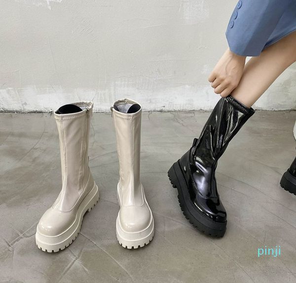 

boots 2021 winter patent leather women mid calf fashion platform shoes thick bottom booties ladies black woman botas de mujer