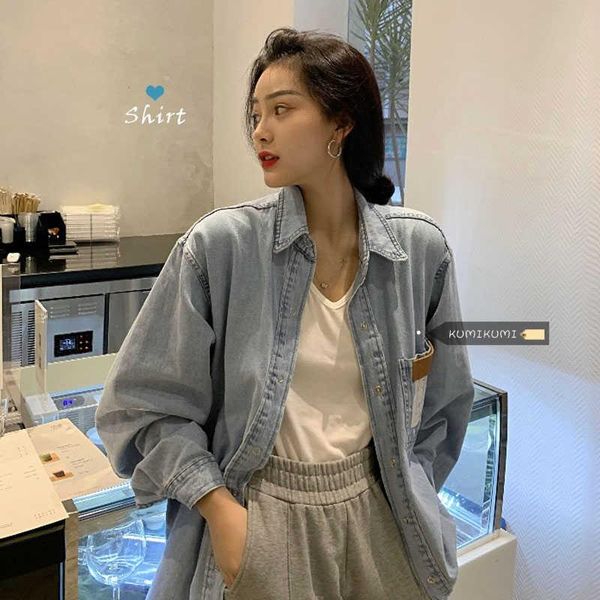 

women's blouses & shirts loose long sleeve bf style denim shirt spring medium length casual thin coat, White