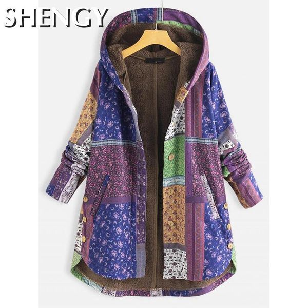 

women's jackets women clothing winter leisure ethnic style printed fleece hooded warm maternity jacket females plus size wear, Black;brown