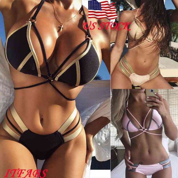 

women stamping striped stitching bandage cross hollow bikini thong bottom brazilian v cheeky ruched swimwear beachwear, White;black