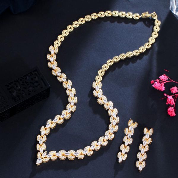 

earrings & necklace elegant marquise leaf cubic zirconia women wedding collection jewelry set gold color bridal aessories t568, Silver