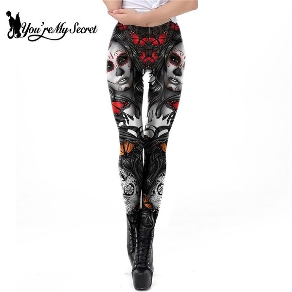 

[you're my secret] gothic printed leggings for women halloween skull legging rose pattern fitness workout leggins 210925, Black