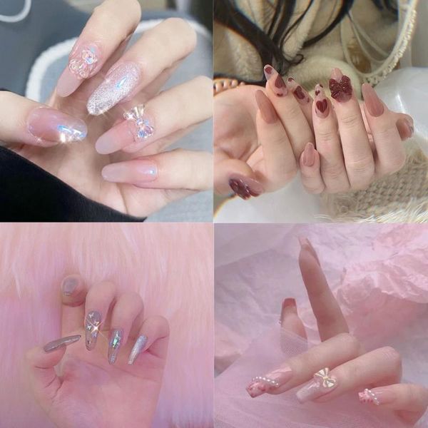 

false nails 24pcs/box detachable pink almond ballerina butterfly bow square head fake full cover nail tips press on, Red;gold