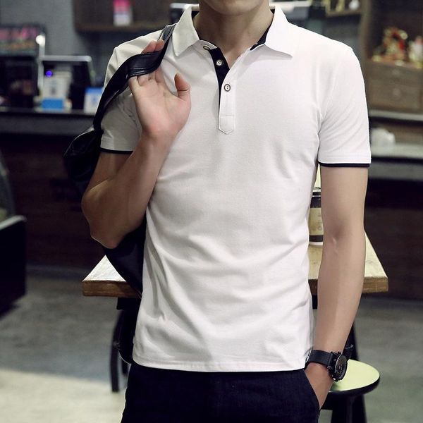 

men's polos summer simple trend cotton lapel casual shirt short sleeve shirts cotton casual solid color shirt men fashion, White;black