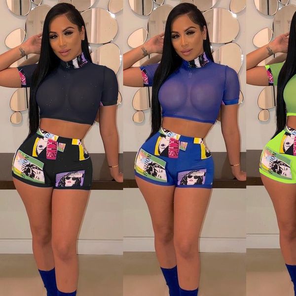 

2 piece set summer womens tracksuits clothes mesh sheer t shirt shorts 2pcs leotard female fashion two clubwear, Gray