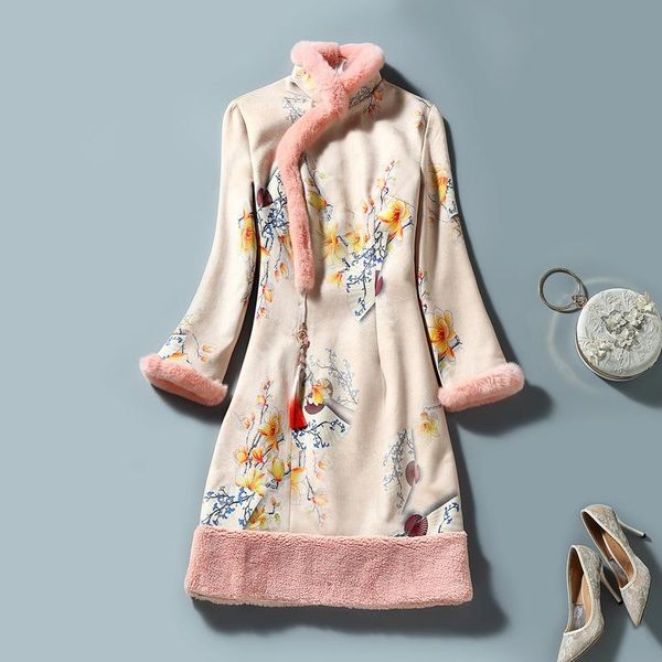 

ethnic clothing h.rong.x traditional chinese improved cheongsam dress fashion retro elegant bodycon qipao orient winter warm fleece chipaoaw, Red