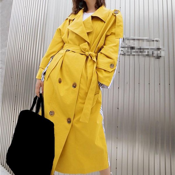 

women's trench coats 2021 autumn women striped patchwork loose coat casual fashion sashes long windbreaker sleeve overcoat, Tan;black