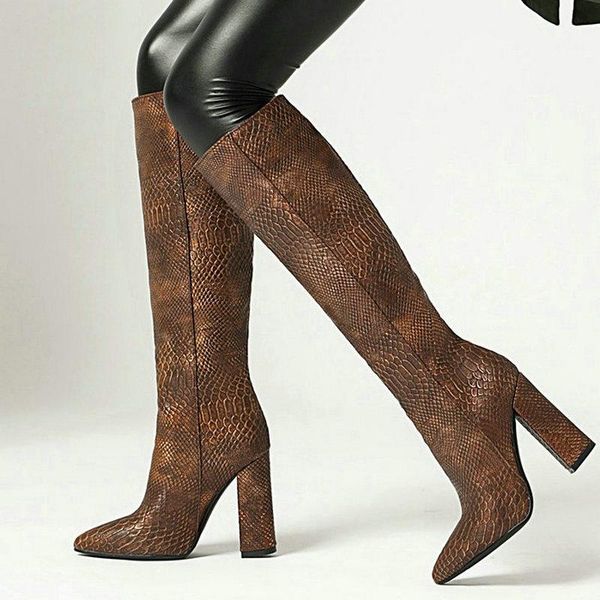 

boots textured crocodile pattern pu women knee high pointed toe 10cm square root ladies western embossed winter, Black