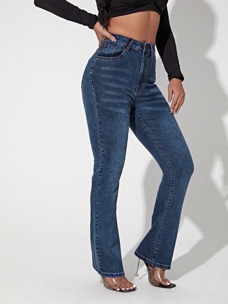 

1pc zipper fly flare leg jeans 44b2#, Blue