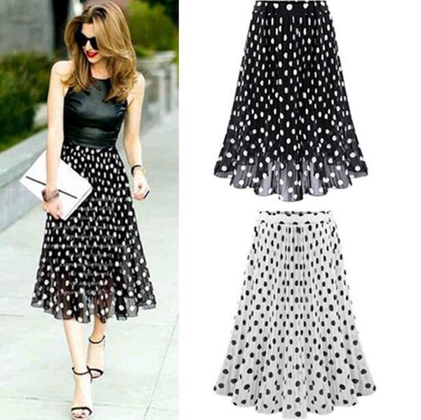 

skirts 2021 summer spring women chiffon polka dot skirt female black dots elastic waist pleated beach a-line plus size df210