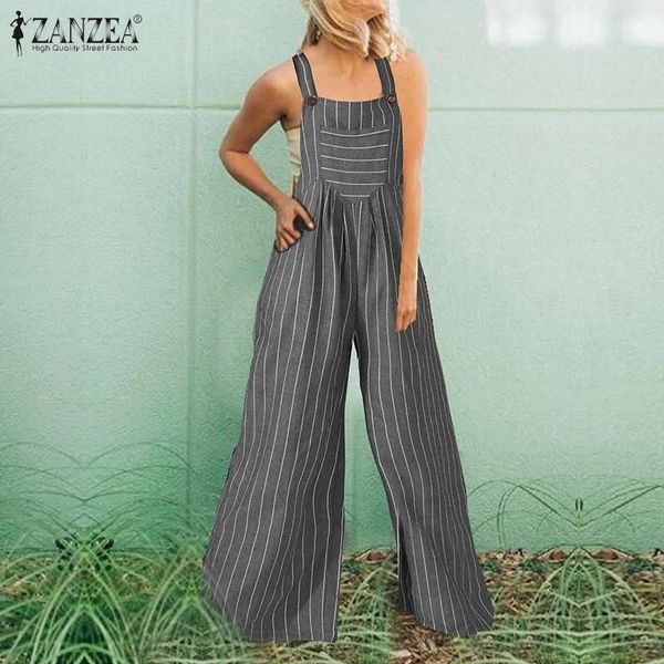 

women's jumpsuits & rompers 2021 summer backless wide leg pants zanzea fashion women striped cotton suspender female playsuits plus siz, Black;white