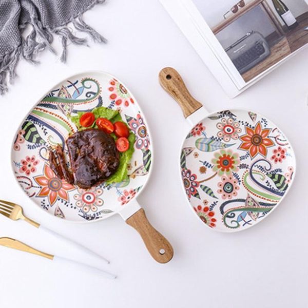 

dishes & plates dinner dish steak salad tray with wooden handle christmas home decor oval tableware