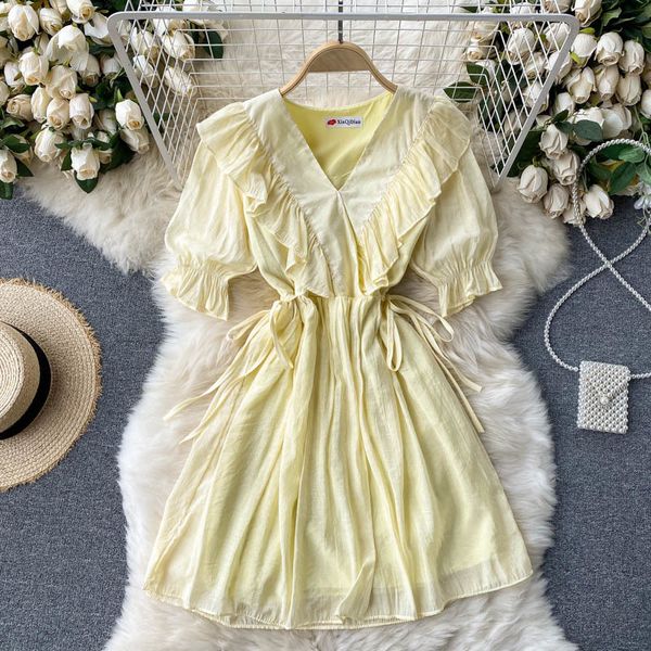

singreiny women elegant korean dress sweet puff sleeve v neck solid a-line dresses summer chic streetwear ruffles short dress 210419, Black;gray