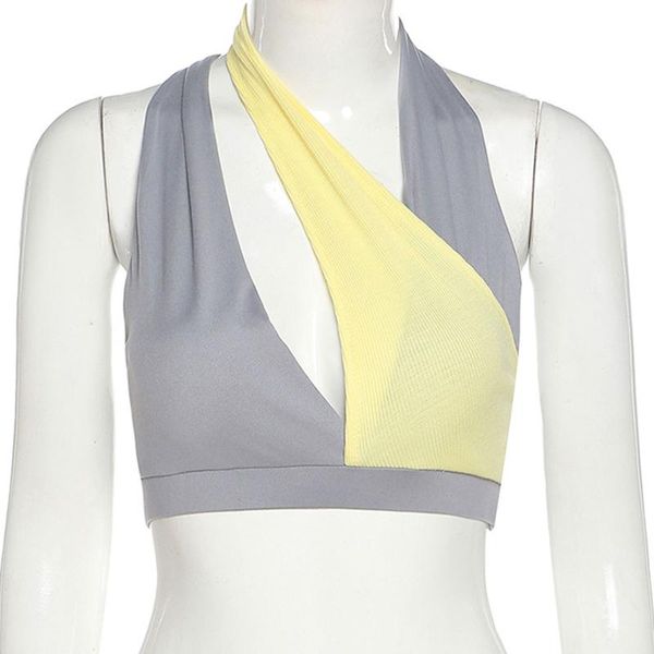 

fashion summer women color block irregular halter vest yoga running workout patchwork sleeveless crop jerseys, Black;blue