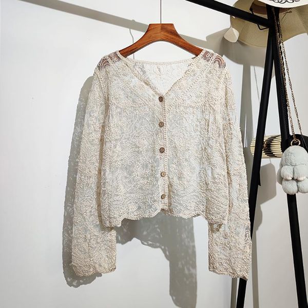 

women's blouses & shirts fashion lace mesh embroidery short women v-neck thin straight long sleeve button up shirt summer cropped, White