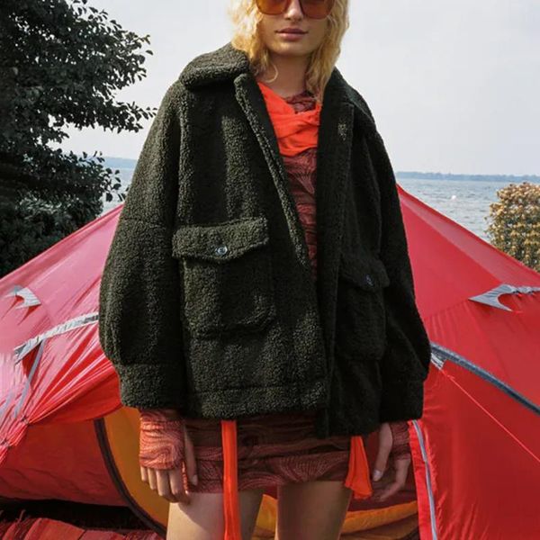 

women's fur & faux xmax fashion solid darkgreen coats women elegant pockets long sleeve loose jackets turn down collar ladies, Black