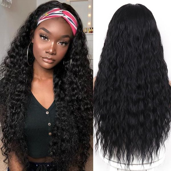 

synthetic wigs linghang long wave straight headband heat resistant hair wig machine made for black women glueless