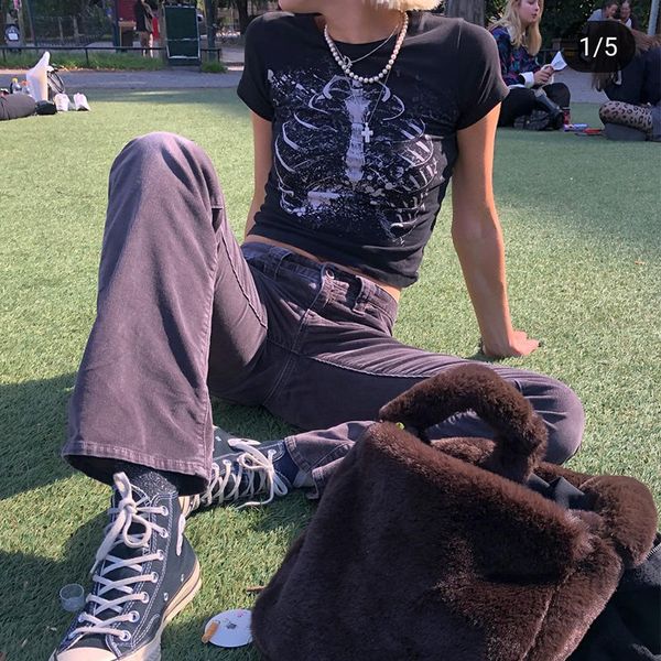 

90s vintage short-sleeved t-shirt female gothic harajuku grunge graphic print aesthetic crop summer slim punk streetwear, White