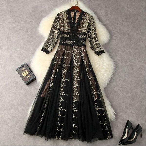 

casual dresses efatzp autumn women's luxury embroidery mesh long maxi celebrity party dress vintage high waist fashion aline vestidos x, Black;gray