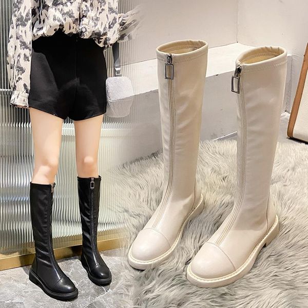 

boots women leather fashion knee high ins beige flat western knight autumn winter woman shoes casual long bota, Black