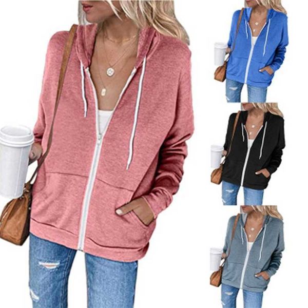 

new solid color long sleeve hooded sweater women's drawstring zipper cardigan, Black