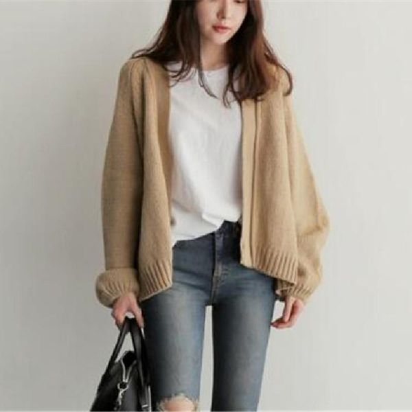 

women's knits & tees autumn and winter models han fan lazy wind sweater female loose student pure color simple short knit cardigan wome, White